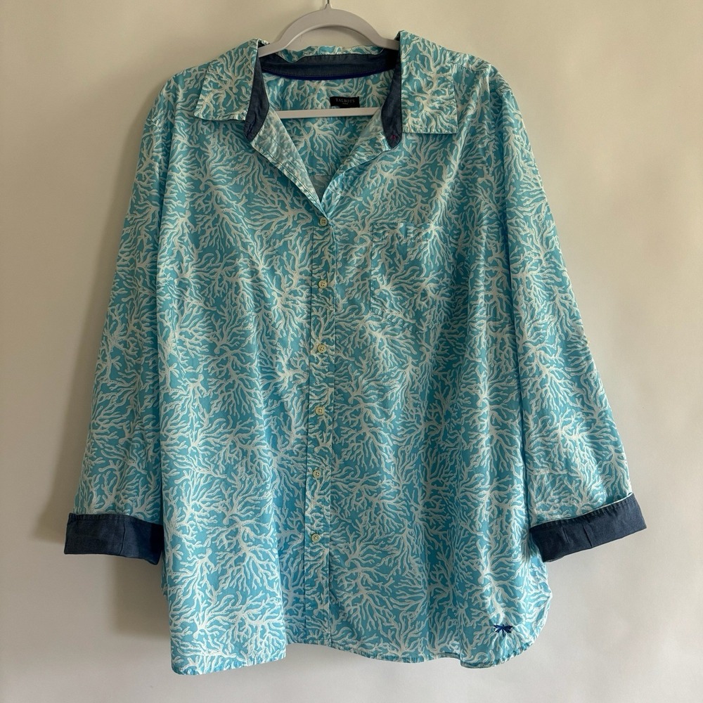 Talbots Woman Button Up Shirt 3X Blue Coral Long Sleeve Tropical Vacation Resort